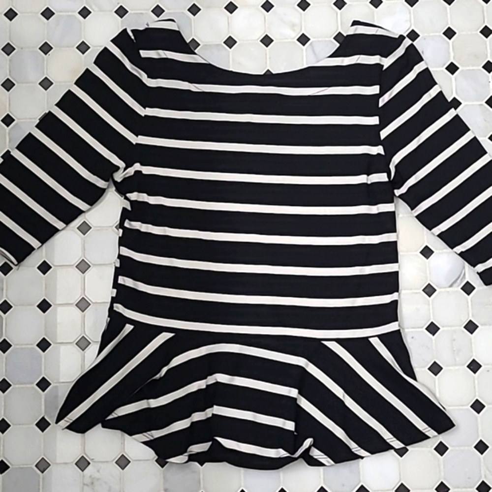 Bobeau Knit Pemplum Blouse Black & White Stripe Size M - Picture 4 of 7
